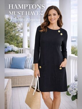 Sail to Sable Black Gold Button Shift Dress ⚓ Coastal Preppy Classic Long Sleeve